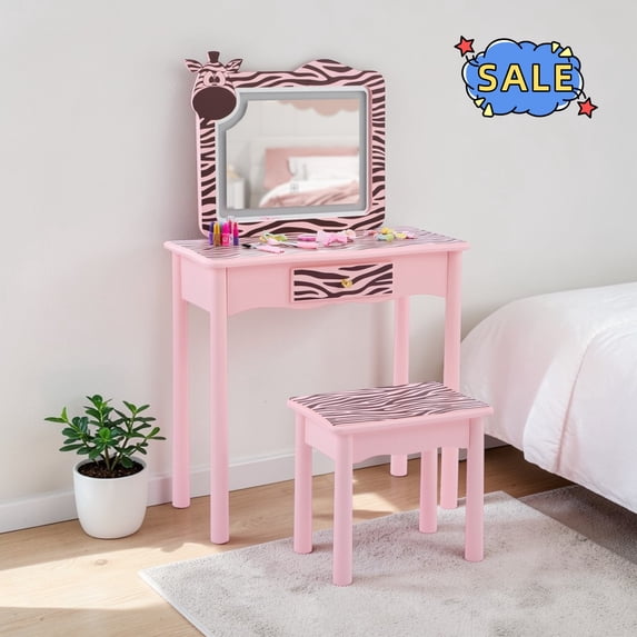Hassch 23.6 Inch Vanity Desk with Detachable Mirror and LED Lights, Makeup Table with Stool and Storage Drawer for Bedroom, Easy Assembly, Pink