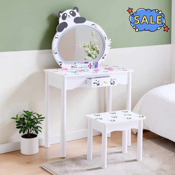 Hassch 23.6" Small Makeup Vanity Desk with Lighted Detachable Mirror, Mini Dressing Table with Stool and Drawer for Bedroom, White & Black