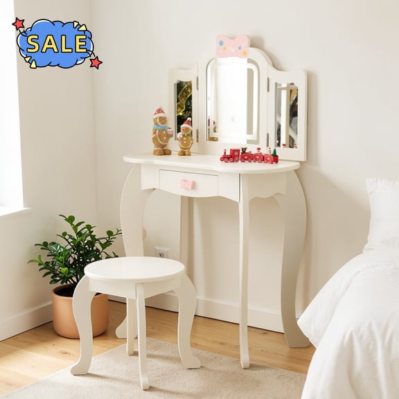 Hassch 23.6" Vanity Set with LED Lights and Tri-Folding Mirror, Small Makeup Dressing Table with Stool and Drawer for Bedroom, White