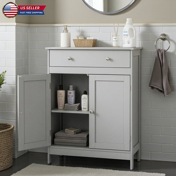 Hassch 23.6"W Double-Door Storage Cabinet with One Drawer, Space-Saving Floor Linen Organizer Cabinet for Small Bathrooms, Apartments or Laundry Room, Gray
