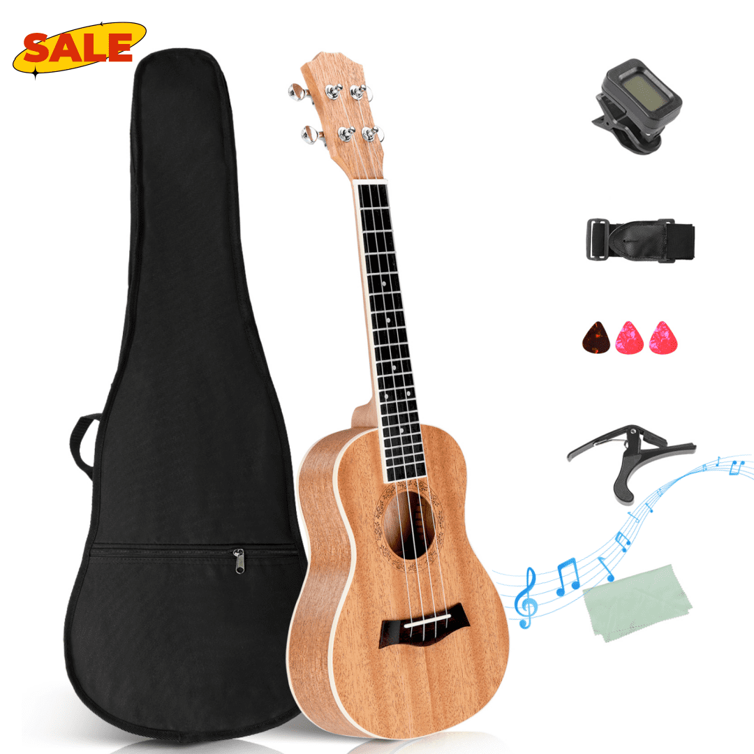 Hassch 23 inch Ukulele with Bag, Beginner Instrument Kit with Capo, Strap, Picks and Wrench Tool, Natural