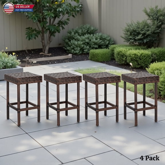 Hassch 24"H Bar Stools Set of 4, Outdoor Boho PE Cane Counter Height Armless Pub Stools w/ Iron Frame, for Patio, Deck, Kitchen Island, Brown