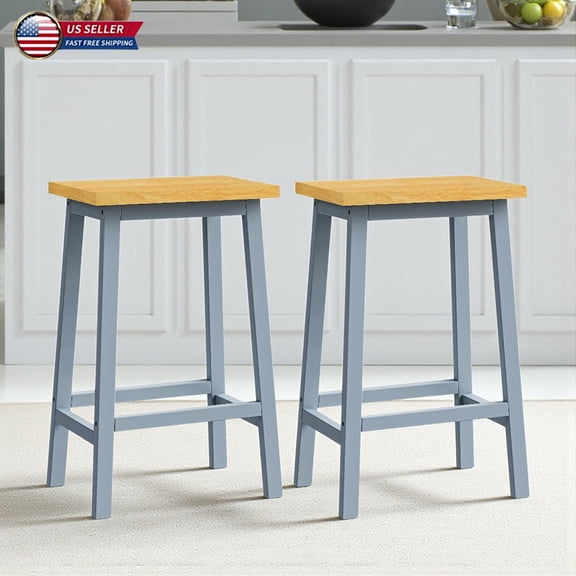 Hassch 25.6" Tall Counter Stools Set of 2, Farmhouse Solid Wood Barstools with Footrests, for Kitchen, Dining Room, Home Pub (Gray Blue)