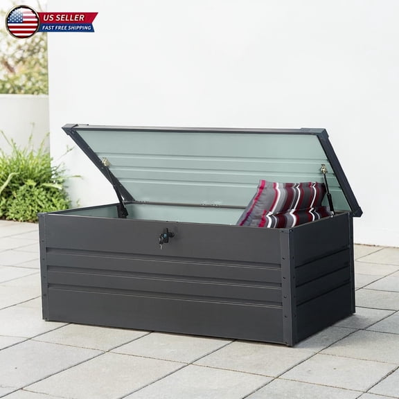 Hassch 260 Gal Metal Deck Box, Extra Large Outdoor Storage Container with Hydraulic Hinge, Lockable Lid, Side Handles, Doubles as Patio Table & Seating for Garden, Backyard, Poolside, Dark Gray