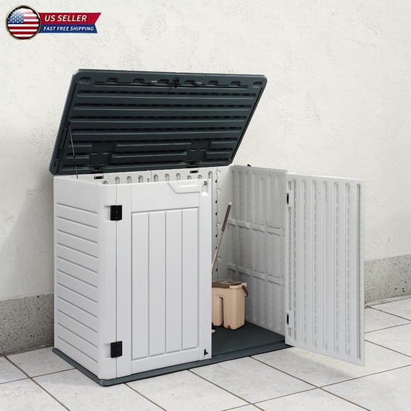 Hassch 260 Gallon Outdoor Storage Shed, HDPE Weather Resistant Patio Storage Cabinet with Lockable Doors & Flip Lid, Garbage Can Storage for Garden Tools, Pool Equipment, Backyard, Gray