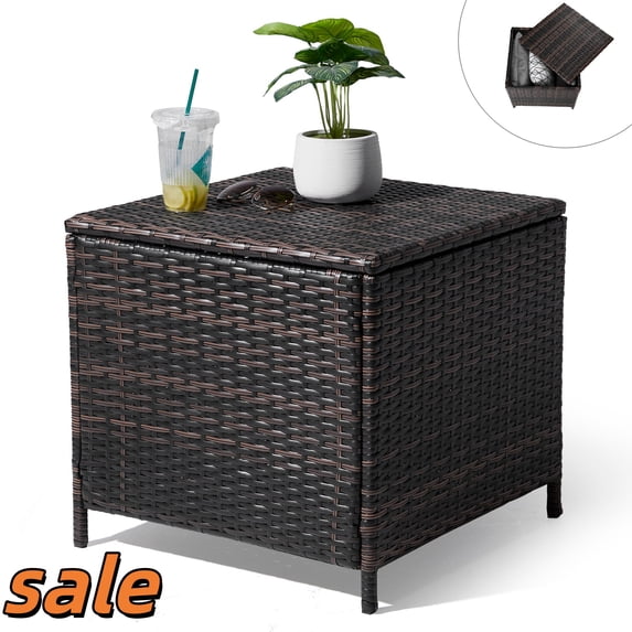 Hassch 27 Gallon Rattan Outdoor Side Table, 20.9"Square End Table with Storage for Garden Balcony Porch, Brown