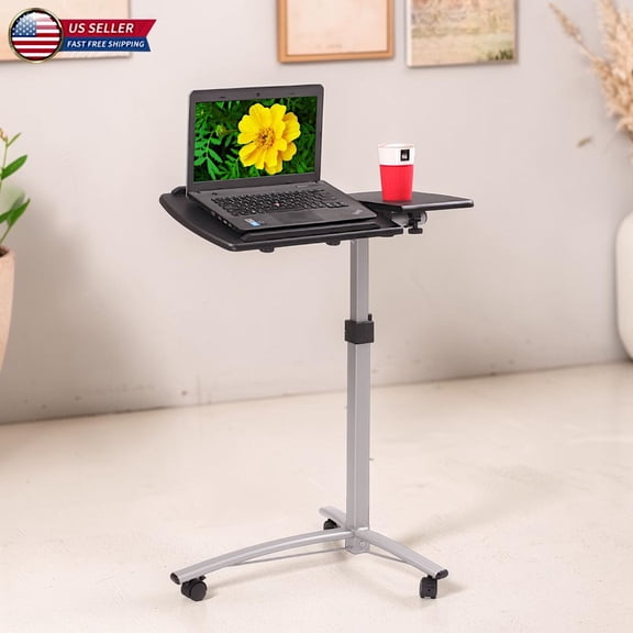 Hassch 29.13"-40.94"H Adjustable Height Rolling Laptop Desk with Split Tiltable Top, Mobile Computer Table with Front Anti-Fall Stopper & Lockable Wheels, for Eating, Reading and Working, Black
