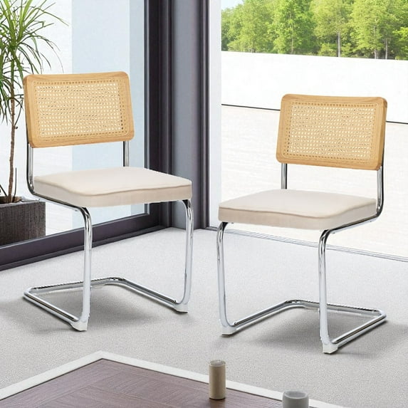 Hassch 2PCS Accent Dining Side Chairs with Hand-Woven Natural Cane Back, Velvet Upholstered Seat, Cantilever Stainless Steel Base, for Living/Dining Room or Home Office, Beige