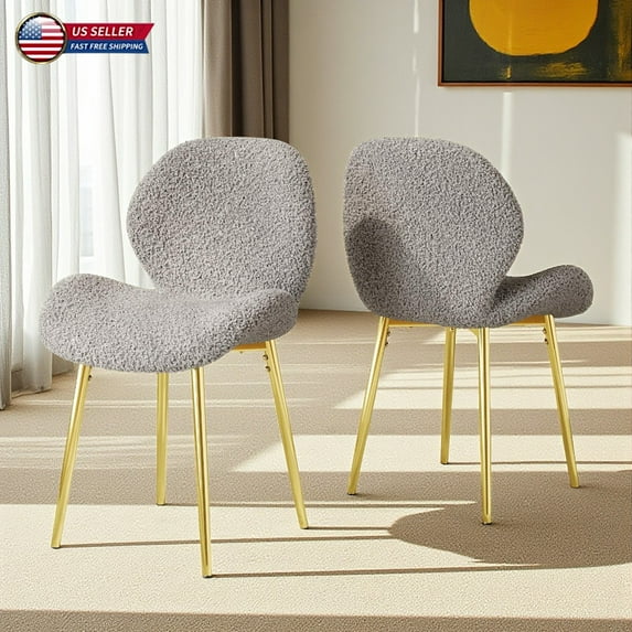 Hassch 2PCS Upholstered Dining Chairs in Gray Teddy Velvet, Modern Minimalist Kitchen Chairs with Golden Metal Legs and Ergonomic Backrest, Easy Assembly