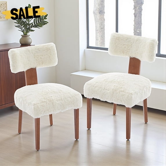 Hassch 2PCS Upholstered Fur Dining Chairs in Ivory, Modern Armless Chairs with Padded Seat and Rubber Wood Legs, Ideal for Kitchen, Dining Room, or Living Room