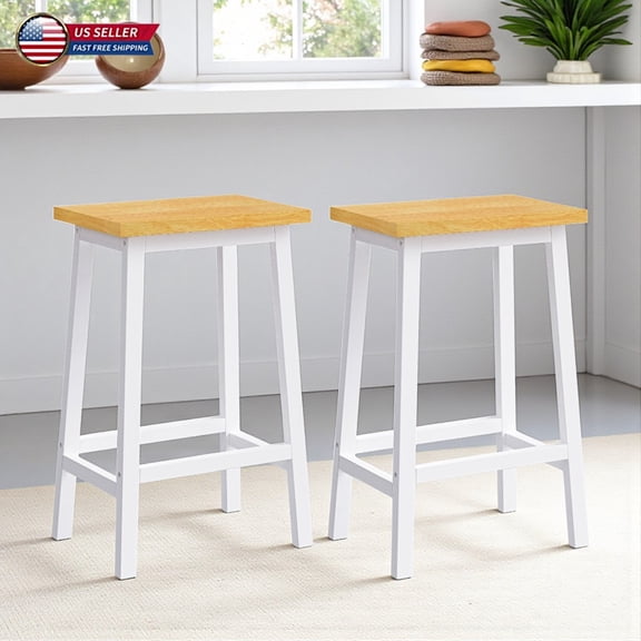 Hassch 2pcs Farmhouse Counter Stools in White, Solid Wood Construction with Footrest and Anti-Slip Pads, Perfect for Kitchen Island, Dining Room, or Home Bar