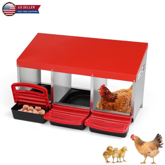Hassch 3-Compartment Chicken Nesting Box, Steel Hen Laying Box with Ventilated Holes & Egg Collective Tray, Poultry Nest Box for Chickens, Ducks & Coop Use (Red)