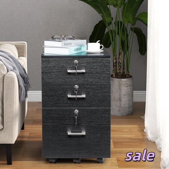Hassch 3 Drawer File Cabinet with Lock and Wheels, Movable Cabinet for Letters Size, Rolling Filing Cabinet for Home Office, Black