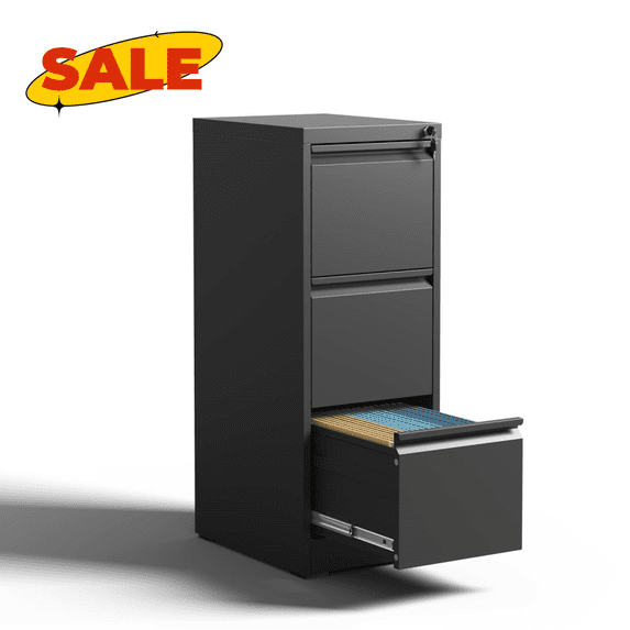 Hassch 3 Drawers File Cabinet with Lock, Vertical Home Office Filing Storage Cabinet for A4 Legal/Letter Size, Black