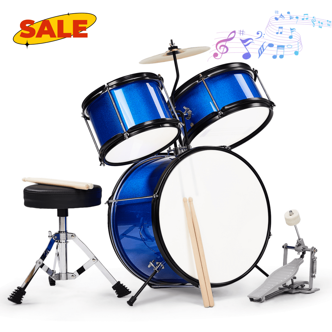 Hassch 3-Piece Drum Set, Beginners Drums Kit with Stool, Pedal & Drumsticks, Junior Drum Set Musical Instrument with Cymbal, Tom and Snare Drum, Dark Blue