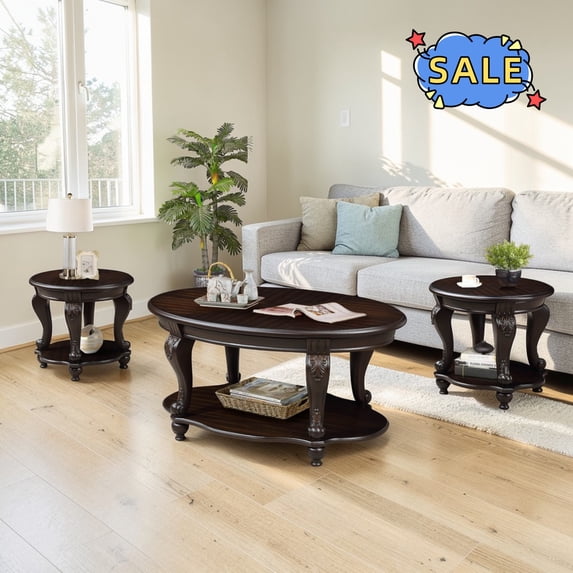 Hassch 3-Piece Farmhouse Living Room Table Set, Coffee/End Side Tables with Open Shelf for Small Space, Espresso