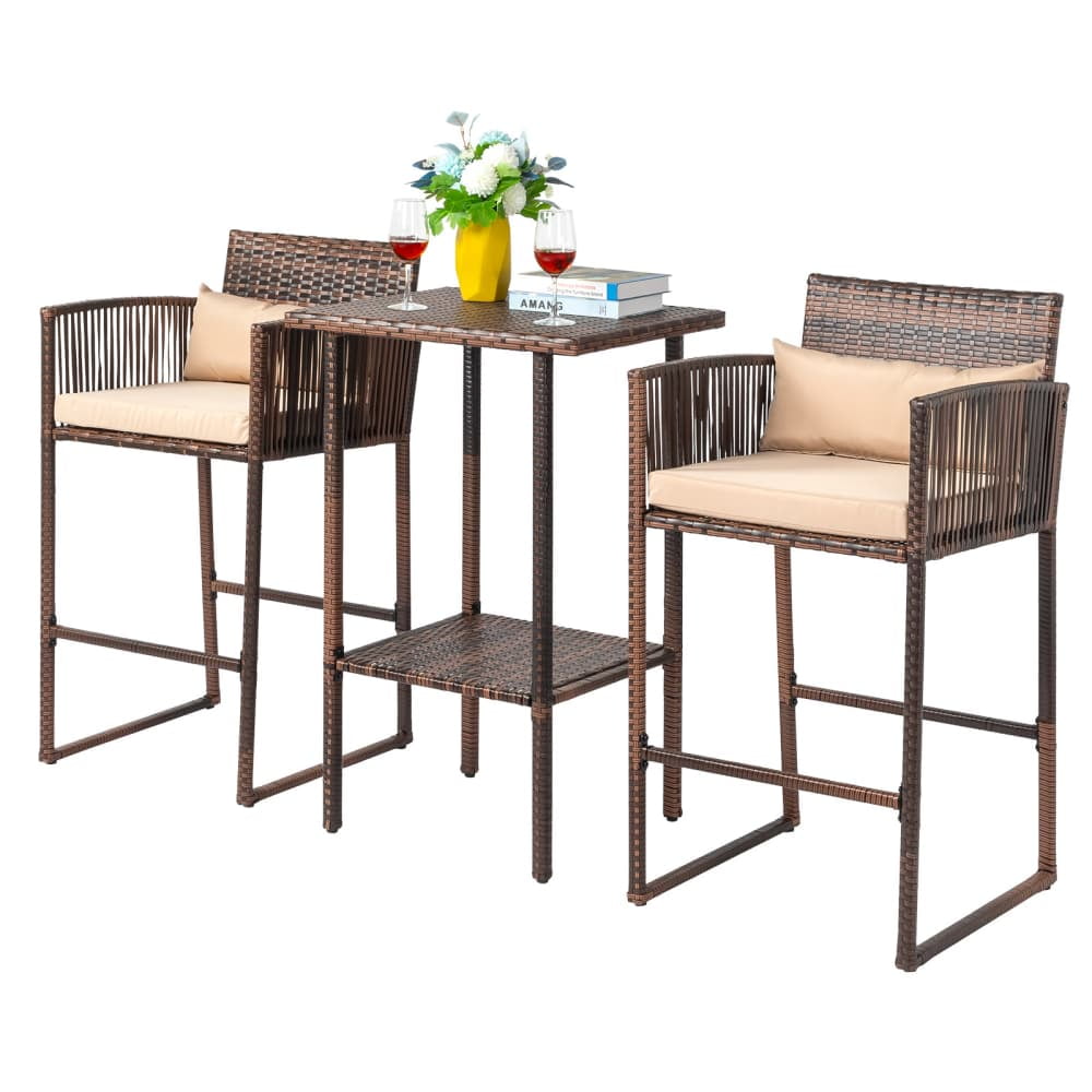 Brown Steel and Wicker Bar Height Outdoor Set with Beige Cushions
