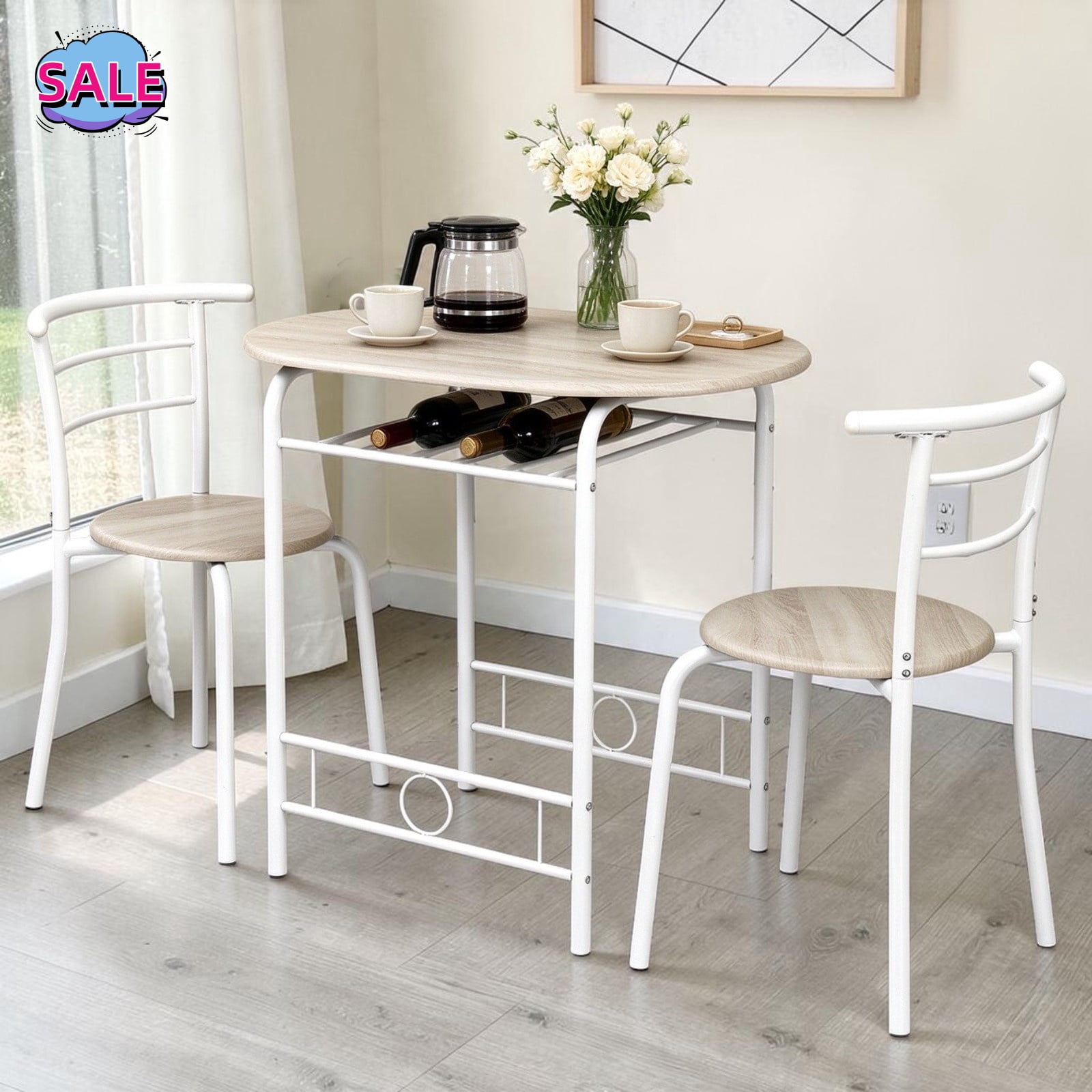 White Wibe Rack Hassch 3-Piece Oval Table Set for 2, Dining Table with Wine Rack & 2 ...