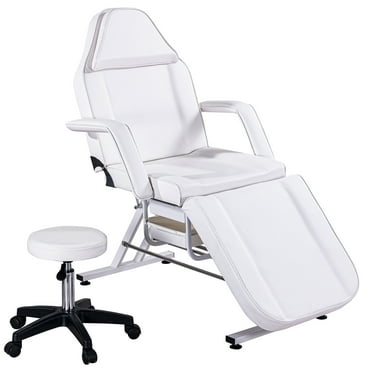 Hassch 3-Section Salon Massage Bed with Backless Round Hydraulic Stool, Multi-Gear Adjustable Barber Spa Beauty Bed with 2 Storage Trays, 330LBS Load, White