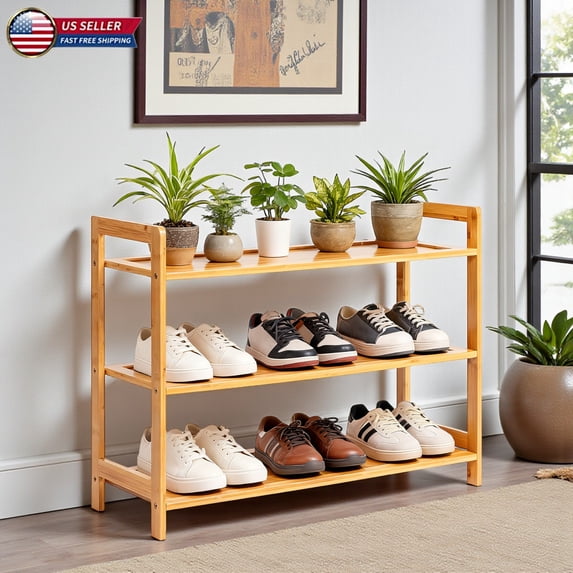 Hassch 3-Tier Bamboo Shoe Rack, Wooden Shoes Organizer for Entryway & Closet, 26.77"W Free Standing Storage Shelf for Front Door & Small Spaces, Natural