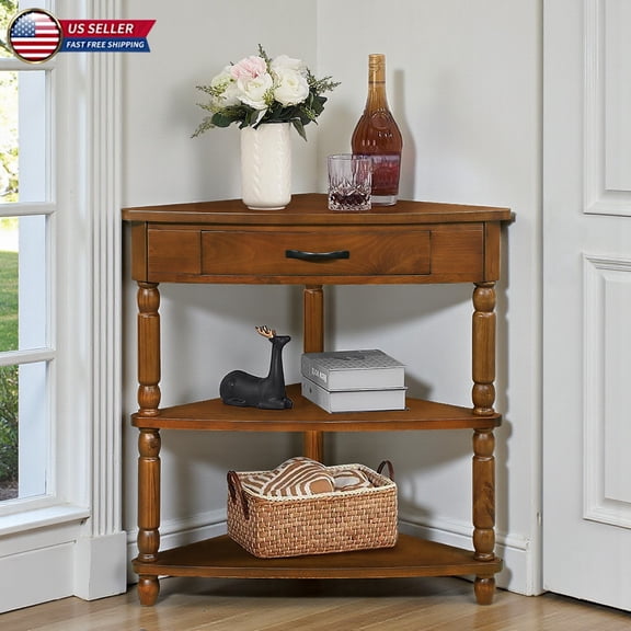 Hassch 3-Tier Triangle Corner Side Table in Distressed Brown, Indoor Accent Table w/ Drawer, Open Shelves, Rounded Corners &Solid Rubberwood Legs, for Small Spaces