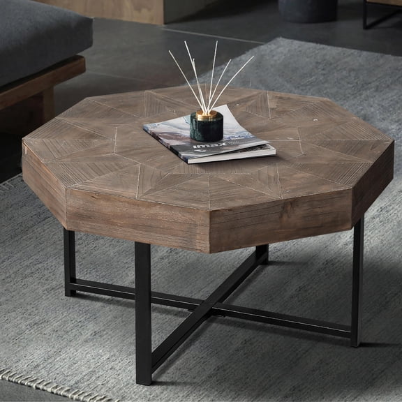Hassch 30" Octagonal Coffee Table with Black Metal Cross Base, Farmhouse Living Room Cocktail Table, Wood Industrial Sofa Center Table, Easy Assembly, Antique Brown