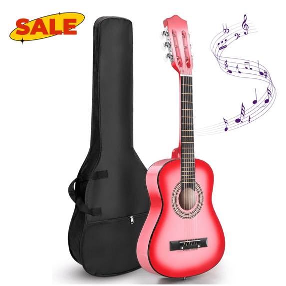 Hassch 30in Acoustic Guitar, Beginner Starter Kit w/Bag, Strap, Picks, Strings, Capo and Tuner, Pink