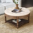 thumbnail image 1 of Hassch 31.49" Farmhouse Style Round Ottoman Coffee Table with Storage, Linen Upholstered Button Tufted Footrest Ottoman with Wood Storage Shelf, for Living Room, Warm Grey+White, 1 of 9