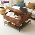 thumbnail image 1 of Hassch 31.5" Flip Top Coffee Table with Hidden Storage and Open Shelves, Farmhouse Wood Square Coffee Table with Metal Frame for Living Room, Home Office, Dark Walnut & Black, 1 of 8
