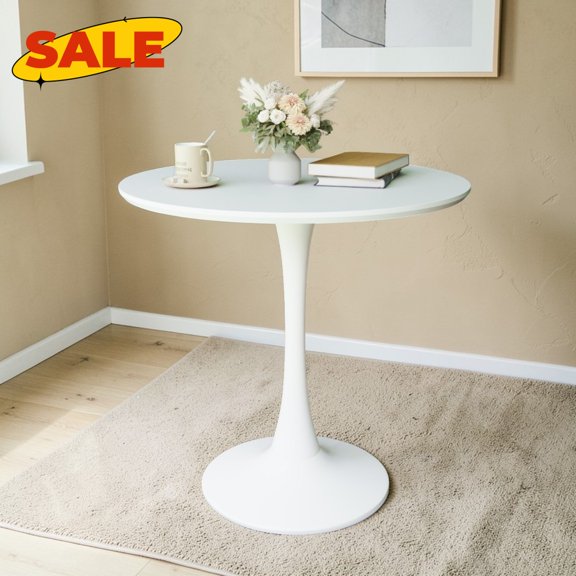 Hassch 31.5 Inch Round Dining Table with Metal Pedestal Base, Modern Tulip Table, Leisure Table for Kitchen, Balcony, Easy Assembly, White
