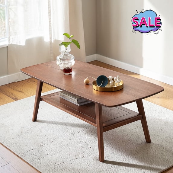 Hassch 31.5" Solid Wood Coffee Table, 2-Tier Center Table with Storage Shelf for Living Room, Walnut