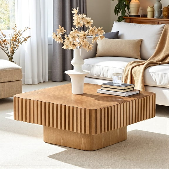 Hassch 31.5" Square Coffee Table in Natural Finish, MDF Wood Grain Center Table with Sturdy Pedestal Base, Compact Modern Accent Tea Table for Living Space & Home Office