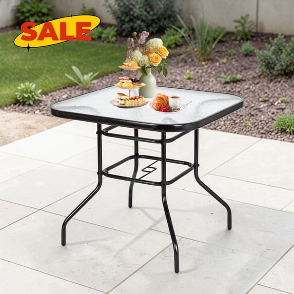 Hassch 31.5" Square Glass Dining Table with 1.8" Umbrella Hole, Outdoor Patio Table with Metal Legs for Balcony, Deck, Garden, Dark Chocolate