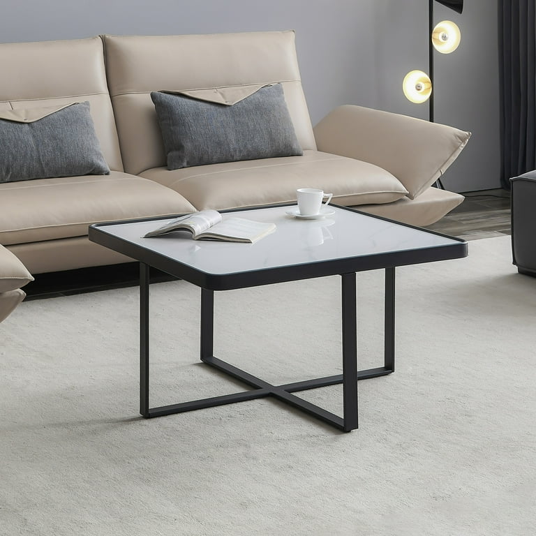 Hassch 31.5 Square Modern Coffee Tables for Small Spaces Low Center Table for Living Room Office Sintered Stone Top with Metal Frames Easy