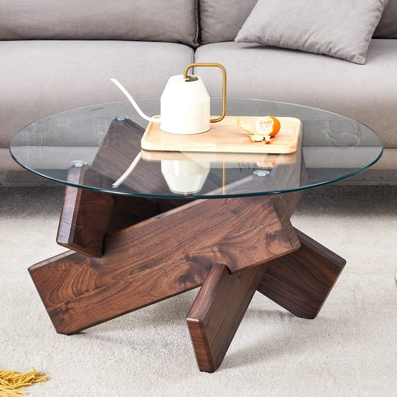 Hassch 33.4" Round Glass Coffee Table, Modern Circle Center Tea Table with Walnut MDF Crossed Legs, for Bedroom Living Room Apartment
