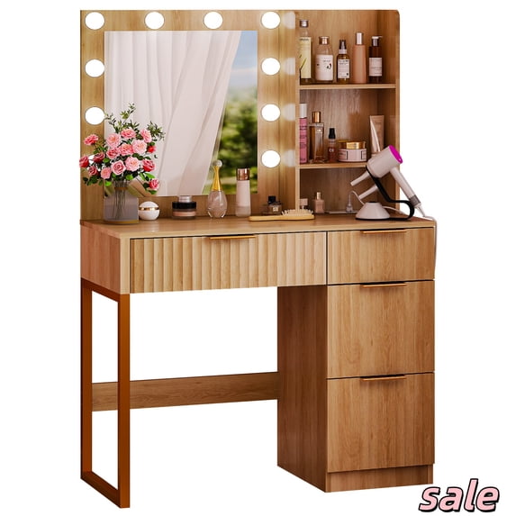 Hassch 33.5" Makeup Vanity Table, Dressing Table with LED Light and Mirror, Makeup Table with Power Outlet, 4 Drawers and 2 Shelves for Bedroom, Oak