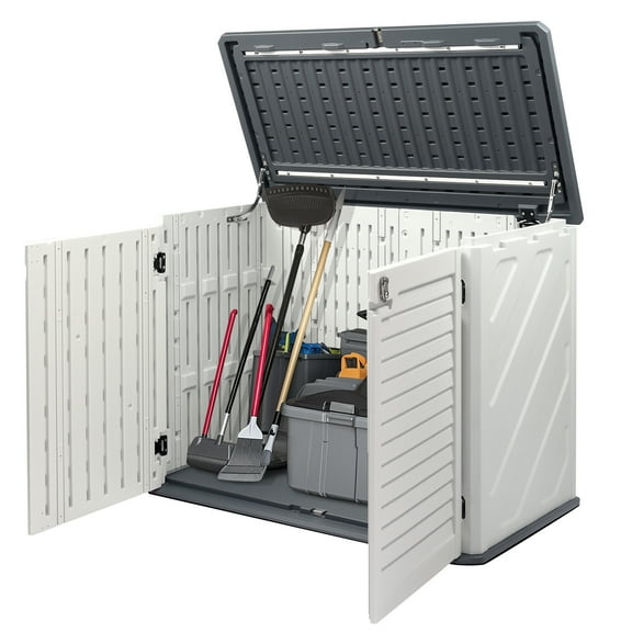 Hassch 34 Cu Ft Outdoor Storage Shed with 2 Doors, Lockable Tool Cabinet, Garden Box Organizer for Patio, Lawn, Deck, Backyard, White & Gray