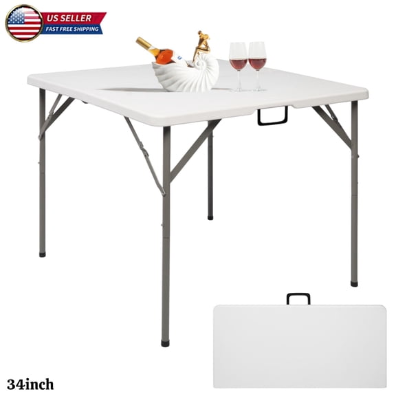 Hassch 34" Folding Square Table - Portable HDPE Blow Molding Picnic Table for Outdoor, Camping & BBQ (White)