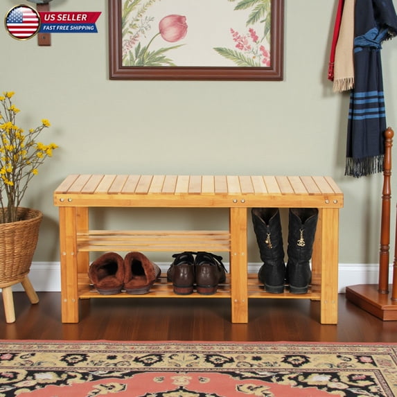 Hassch 35.4 Inch Bamboo Shoe Rack Bench with Boots Storage, 3-Tier Slatted Entryway Organizer, Space-Saving Stool in Natural Finish