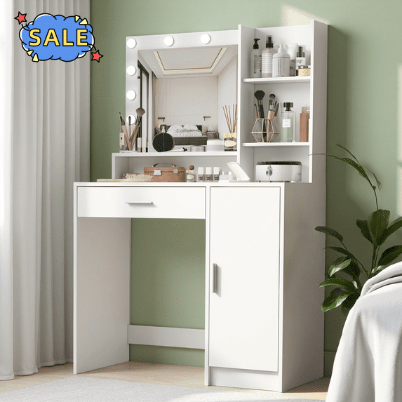 Hassch 35.4 Inch Makeup Vanity Desk with Lighted Mirror, Dressing Table with Cabinet, Drawer and Open Shelves for Bedroom, 3 Lighting Modes, Adjustable Brightness, White