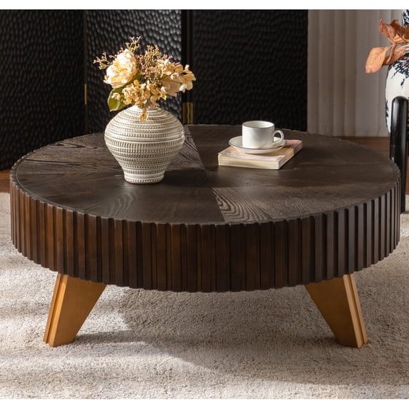 Hassch 35.4" Round Coffee Table, Retro Low Center Table for Living Room Home Office, Brown
