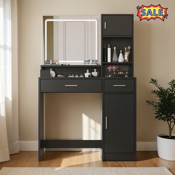 Hassch 35.4" Vanity Desk with Lights and Mirror, Makeup Dressing Table with Open Shelf, 2 Cabinets and 2 Drawers for Bedroom, Easy Assembly, Black