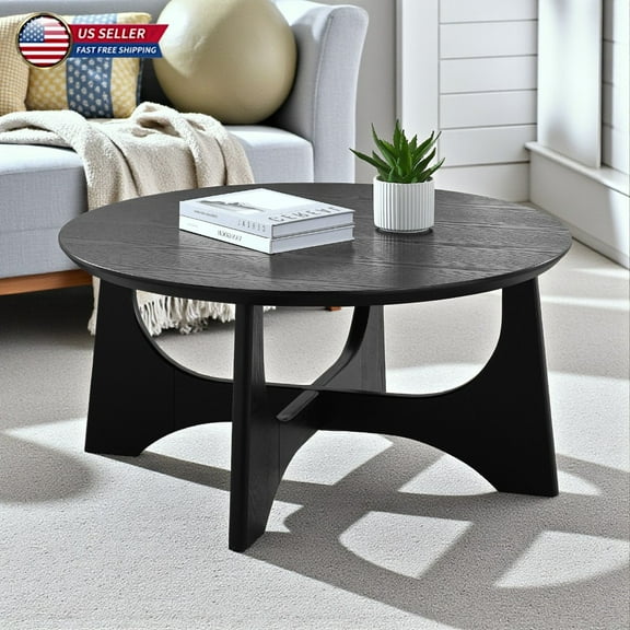 Hassch 36-Inch Round Coffee Table with Cross-Designed Legs, Birch Veneer MDF with Black Finish, Modern Center Table for Living Room