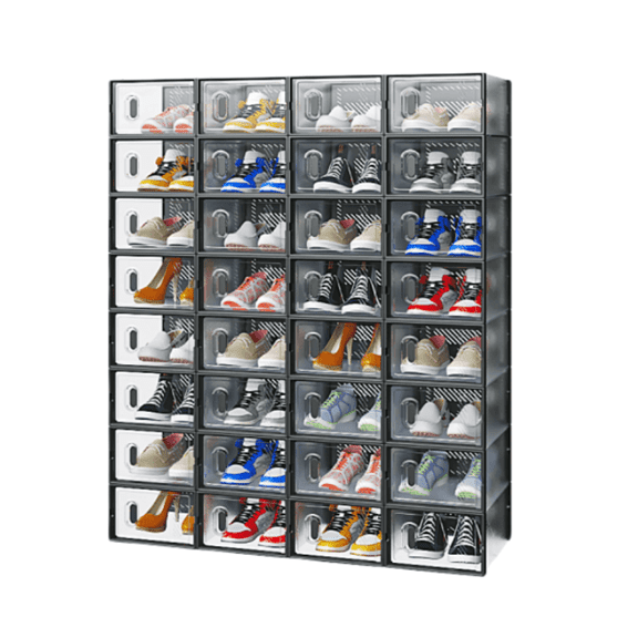 Hassch 36 Pack Small Shoe Organizer Storage Boxes for Closet, Stackable Shoe Display Case with Doors, Plastic Sneaker Containers for Entryway, Space-Saving, Black