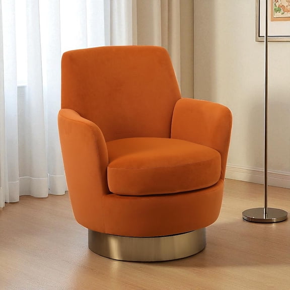 Hassch 360° Swivel Barrel Chair with Gold Stainless Steel Base, Modern Accent Chair with Velvet Upholstery, Deep Cushion and Ergonomic Design for Living Room, Orange