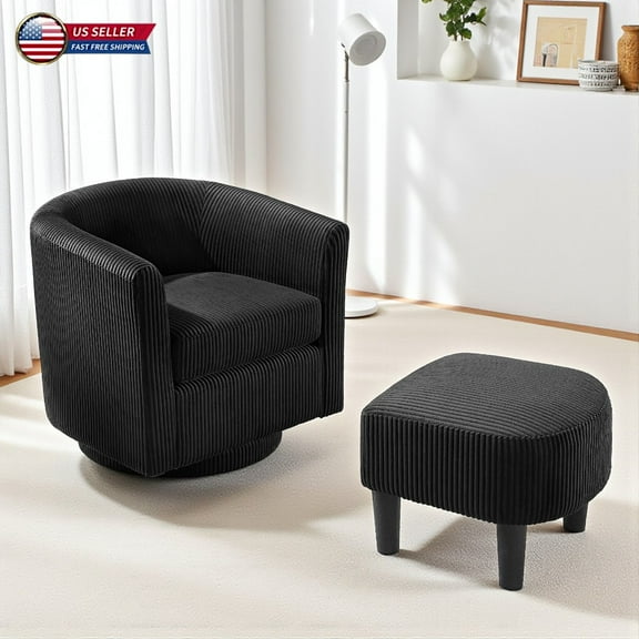 Hassch 360° Swivel Upholstered Barrel Chair with Ottoman Set, Modern Accent Corduroy Fabric Armchair with Padded Seat for Living Room, Bedroom, Reading, Home Office (Black)