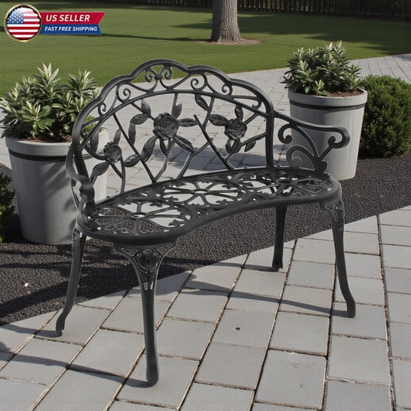 Hassch 38.5 Inch Cast Aluminum Patio Bench w/ Ornate Rose Backrest, Iron Legs & Foot Levelers, Weather-Resistant Garden Seating Bench for Outdoor Decor, Black