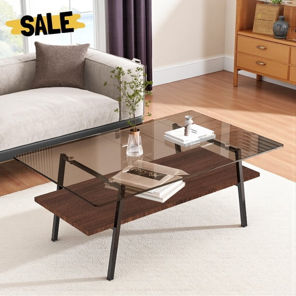 Hassch 38.58" Rectangular Tempered Glass Coffee Table with Brown MDF Shelf & Black Metal Frame, Modern Living Room Storage Table, Easy to Assemble