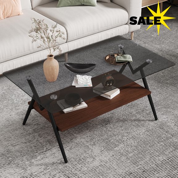 Hassch 38.6" Rectangular Glass Coffee Table, 2-Tier Design with Gray Tempered Glass Top, Brown MDF Storage Shelf & Sturdy Metal Legs, Easy to Assemble