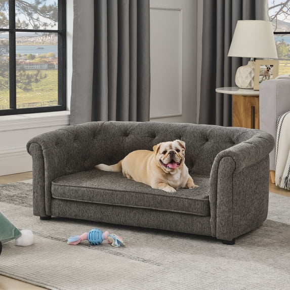 Hassch 38" Pet Couch for Medium and Large Dogs, Soft Linen Dog Bed, Thick Padded Pet Sofa, Dark Gray